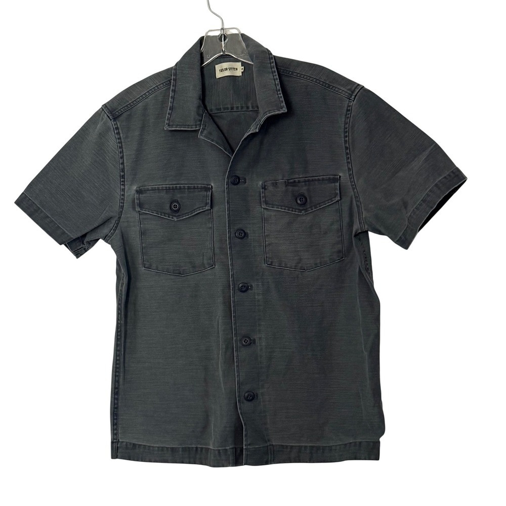 Taylor Stitch Short Sleeve Surplus Shirt Navy Reverse Sateen Gray Cotton - 40